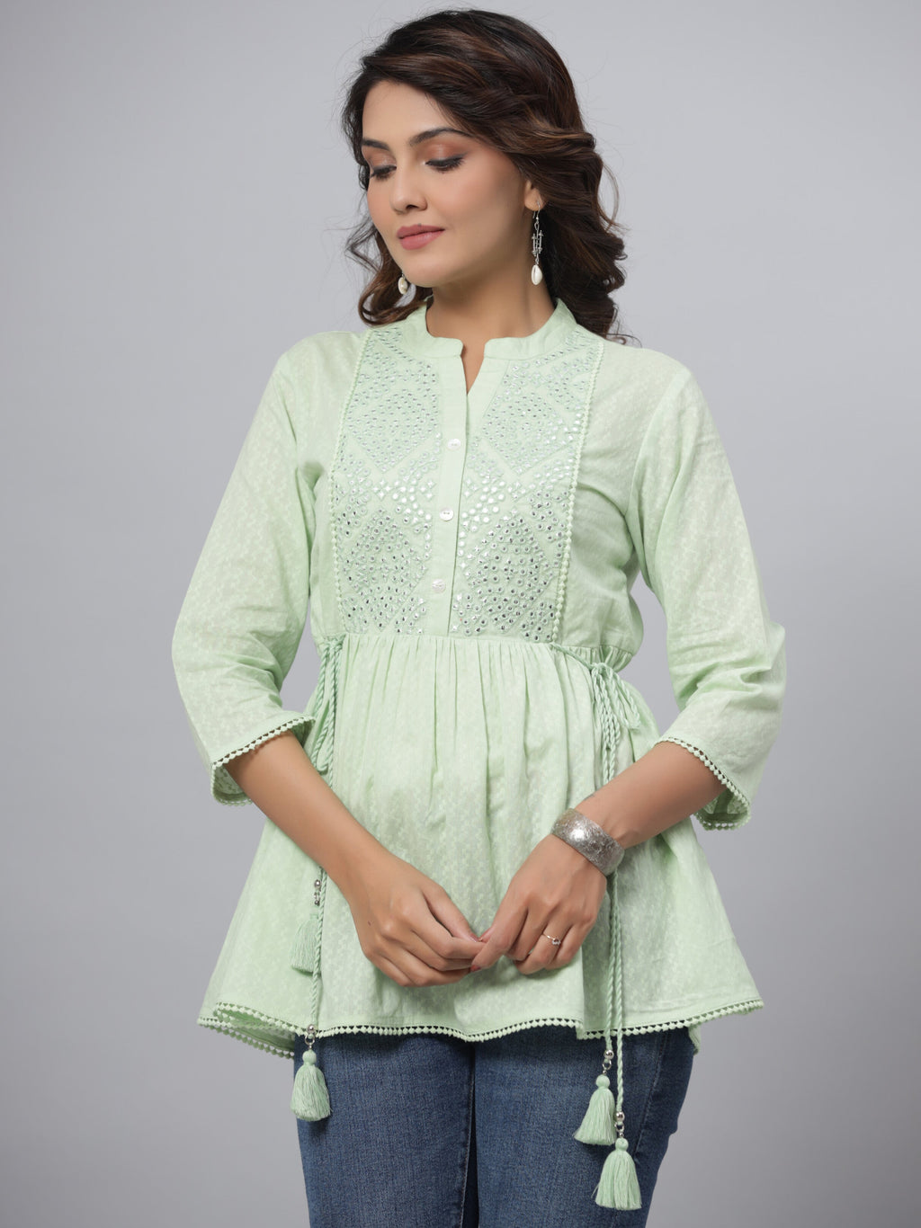 Juniper Green Ethnic Motif Printed Cotton Dobby Tunic With Mirror Work Embroidery | Grocsy