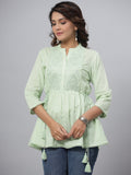 Juniper Green Ethnic Motif Printed Cotton Dobby Tunic With Mirror Work Embroidery | Grocsy