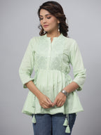 Juniper Green Ethnic Motif Printed Cotton Dobby Tunic With Mirror Work Embroidery | Grocsy