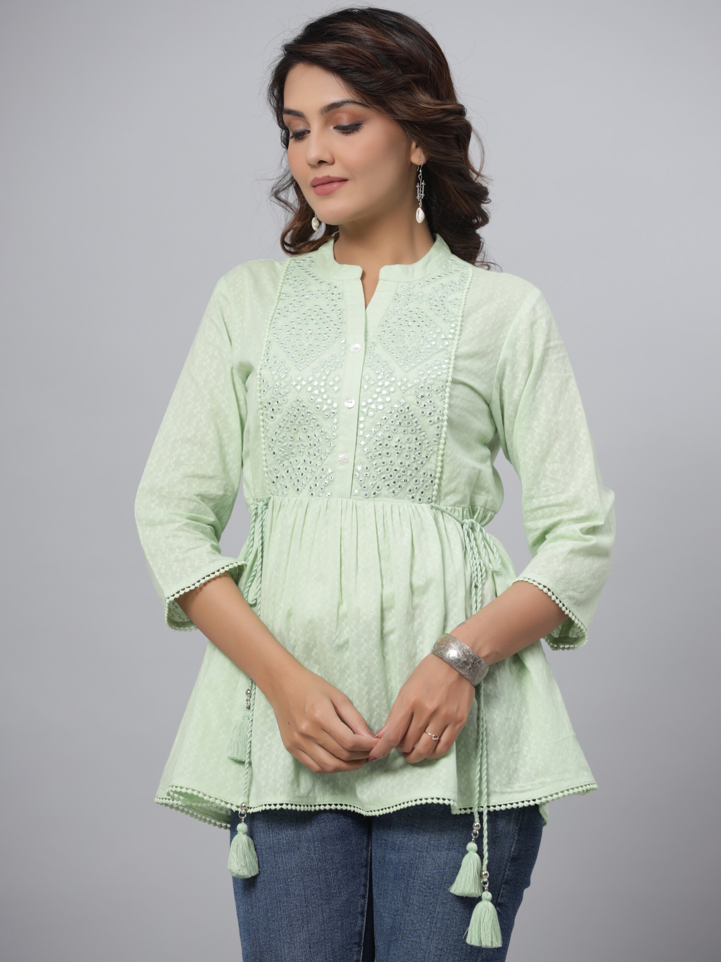 Juniper Green Ethnic Motif Printed Cotton Dobby Tunic With Mirror Work Embroidery | Grocsy
