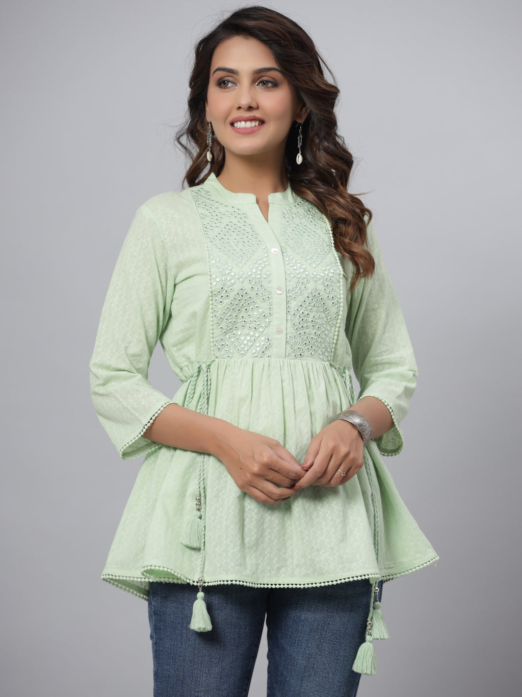 Juniper Green Ethnic Motif Printed Cotton Dobby Tunic With Mirror Work Embroidery | Grocsy
