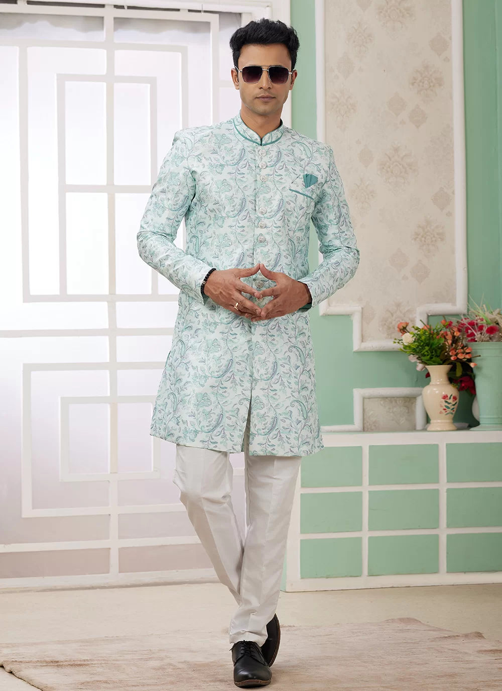 Raivat Ethnic Banarasi Jacquard Embroidery Indo Western Sherwani In Green Colour | Grocsy