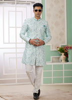 Raivat Ethnic Banarasi Jacquard Embroidery Indo Western Sherwani In Green Colour | Grocsy