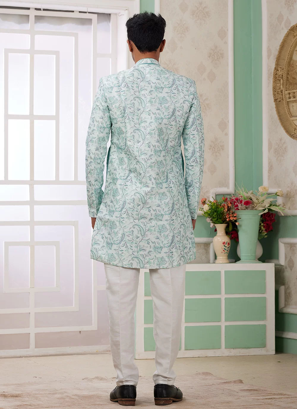 Raivat Ethnic Banarasi Jacquard Embroidery Indo Western Sherwani In Green Colour | Grocsy