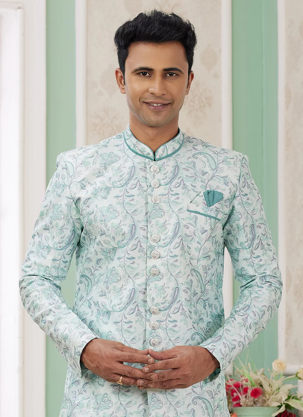 Raivat Ethnic Banarasi Jacquard Embroidery Indo Western Sherwani In Green Colour | Grocsy