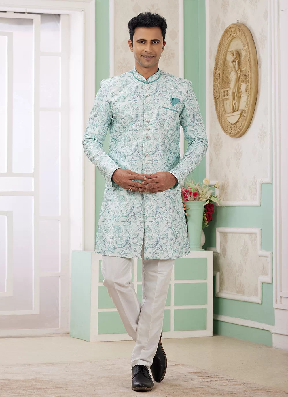 Raivat Ethnic Banarasi Jacquard Embroidery Indo Western Sherwani In Green Colour | Grocsy