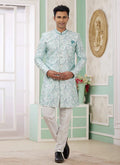 Raivat Ethnic Banarasi Jacquard Embroidery Indo Western Sherwani In Green Colour | Grocsy