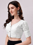 Tikhi Imli White Embroidered V-Neck Thread Work Detailed Cotton Saree Blouse | Grocsy