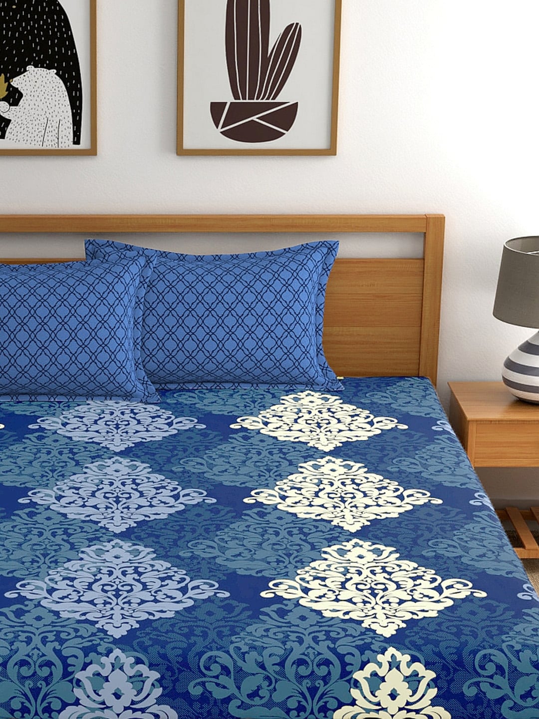 My Room Navy Blue & Yellow Ethnic Motifs 140 TC King Bedsheet with 2 Pillow Covers | Grocsy