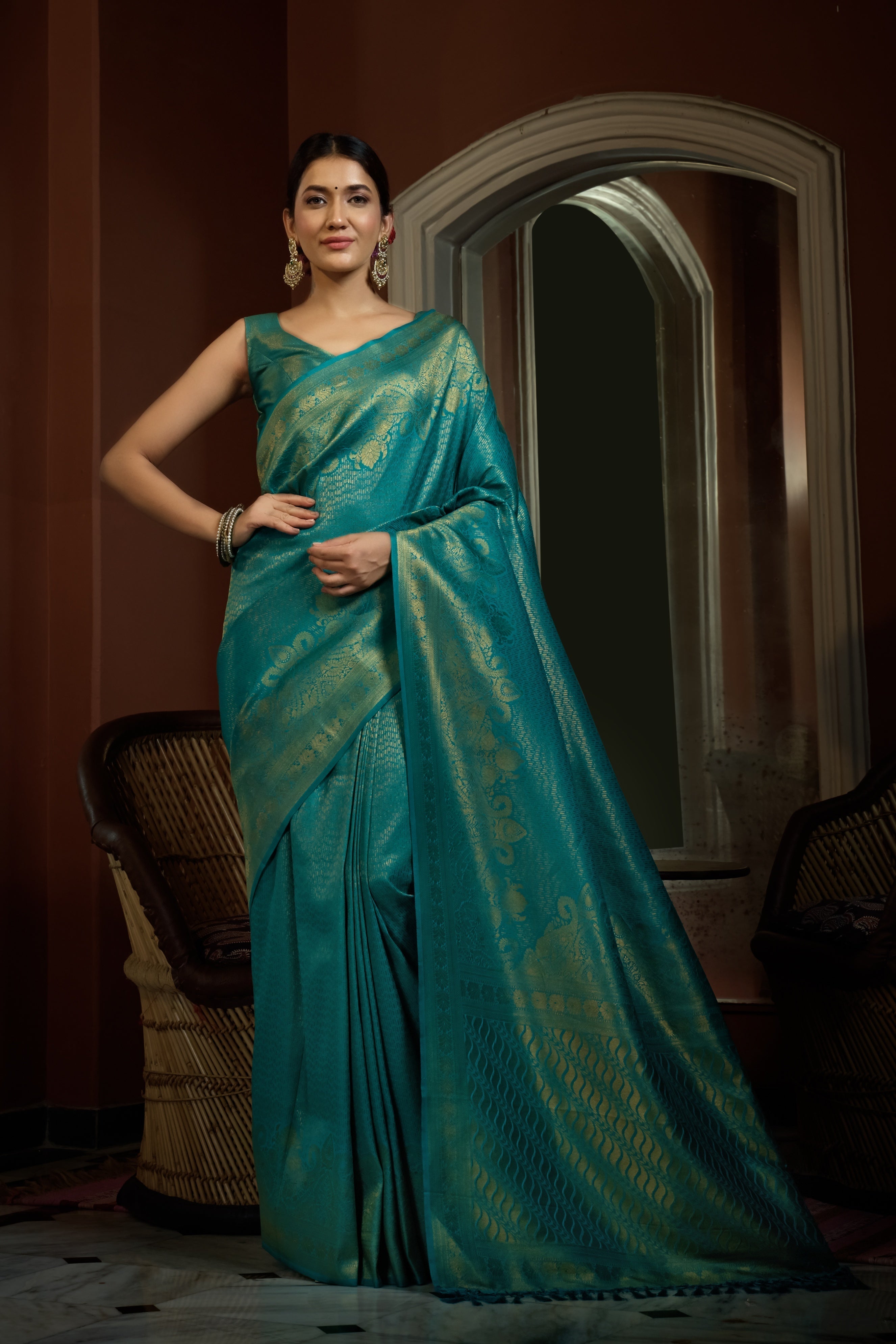 Vardha Tiffany Blue Golden Zari Kanjeevaram Silk Saree | Grocsy