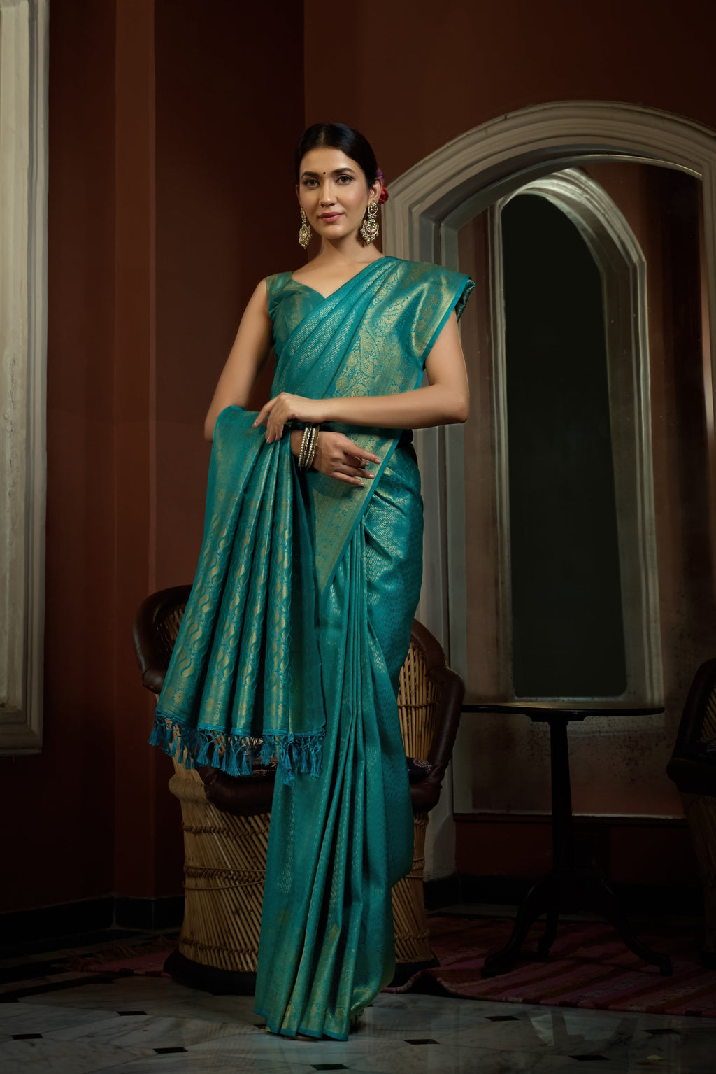 Vardha Tiffany Blue Golden Zari Kanjeevaram Silk Saree | Grocsy