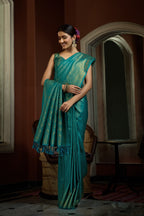 Vardha Tiffany Blue Golden Zari Kanjeevaram Silk Saree | Grocsy