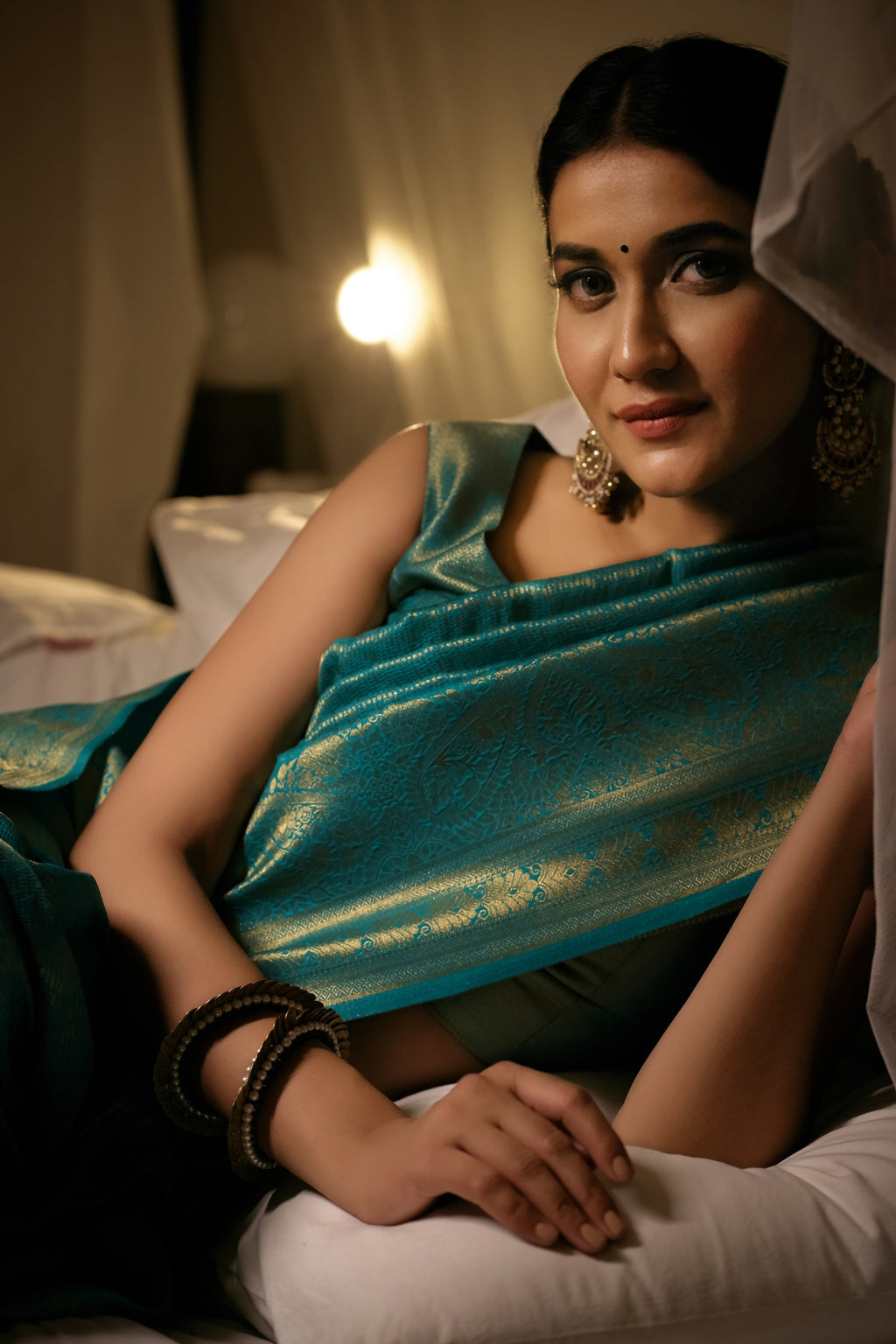 Vardha Tiffany Blue Golden Zari Kanjeevaram Silk Saree | Grocsy