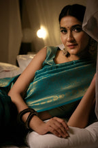 Vardha Tiffany Blue Golden Zari Kanjeevaram Silk Saree | Grocsy