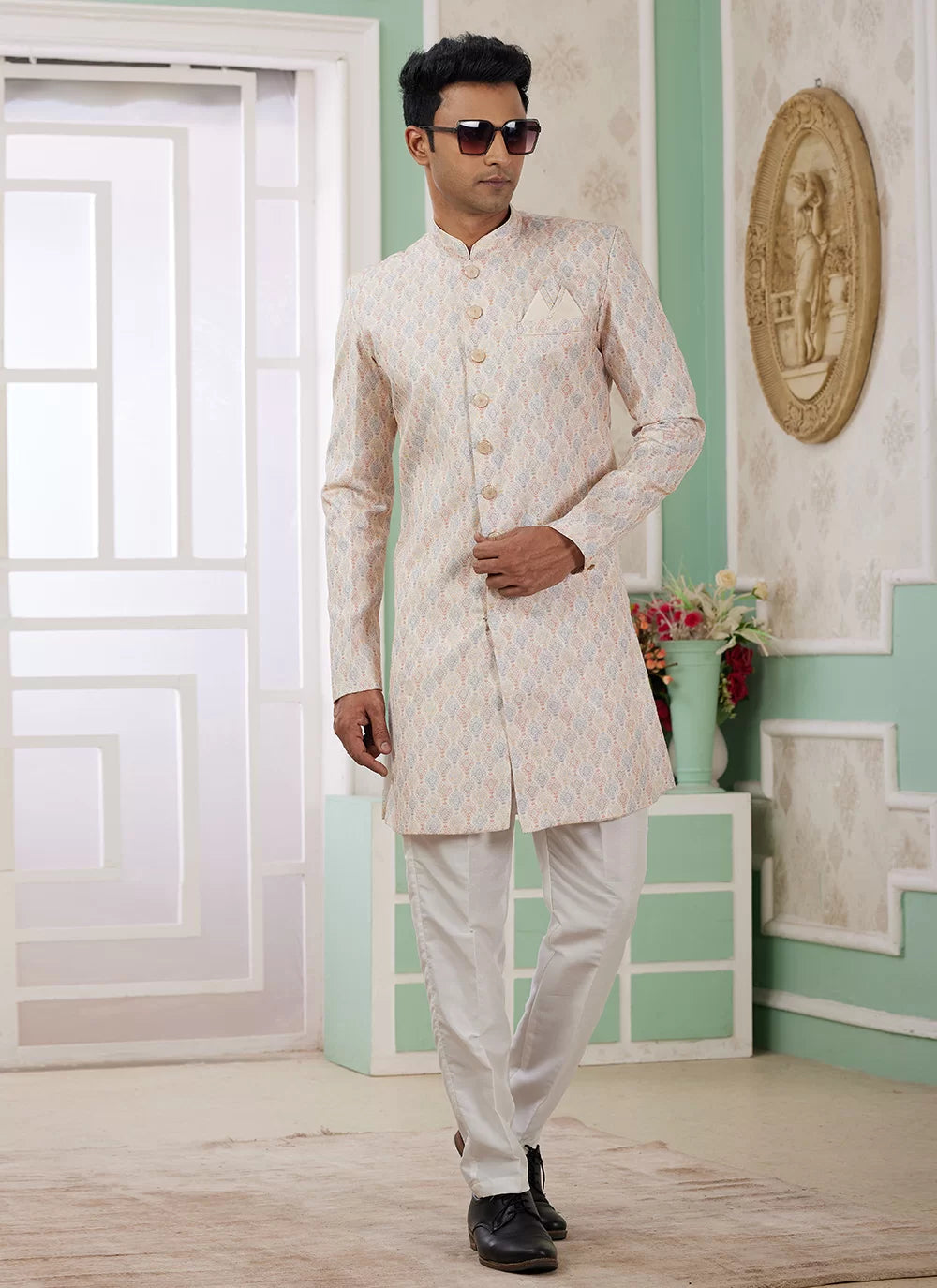 Raivat Ethnic Banarasi Jacquard Embroidery Indo Western Sherwani In Beige Colour | Grocsy