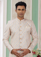 Raivat Ethnic Banarasi Jacquard Embroidery Indo Western Sherwani In Beige Colour | Grocsy