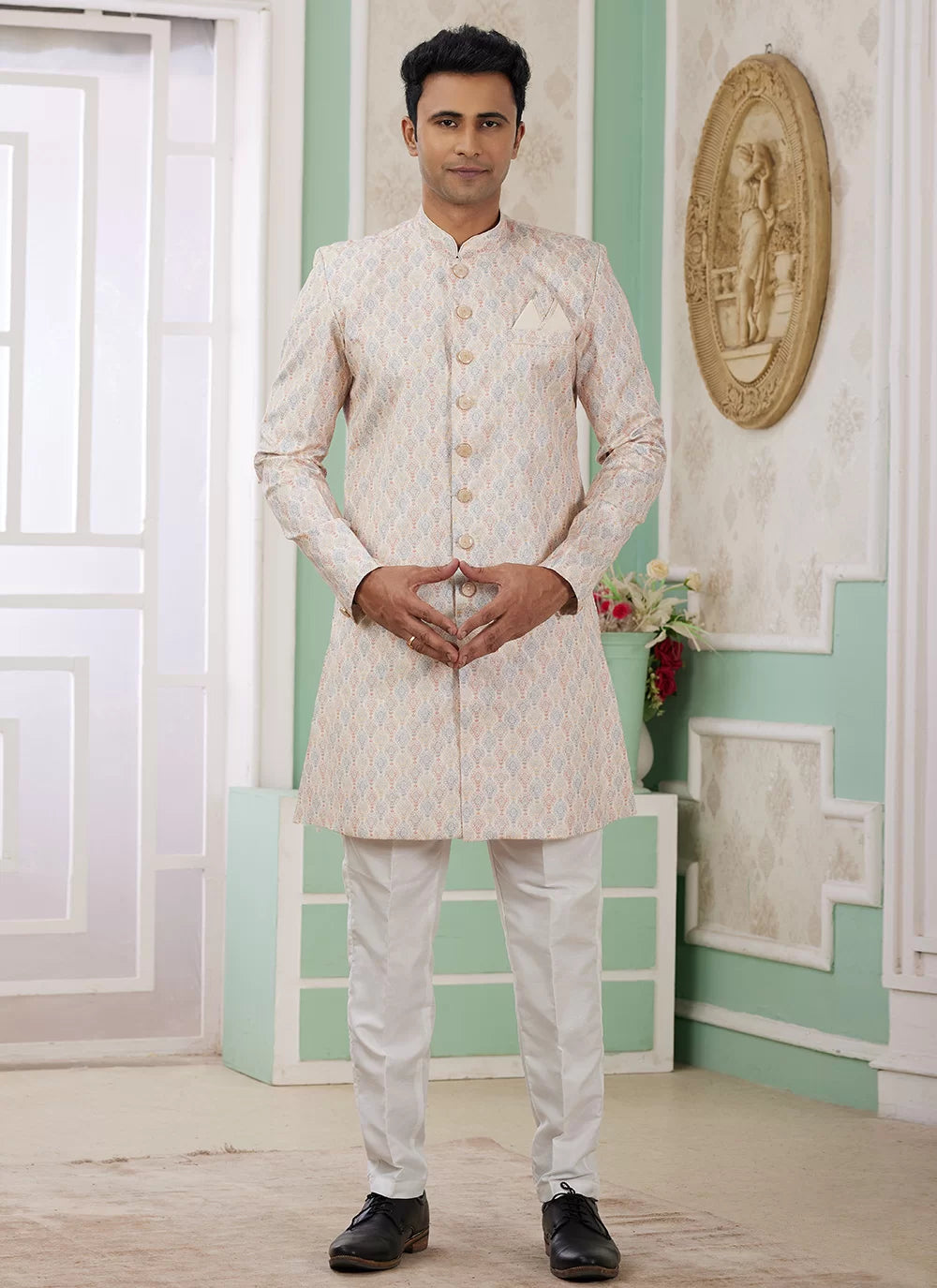 Raivat Ethnic Banarasi Jacquard Embroidery Indo Western Sherwani In Beige Colour | Grocsy