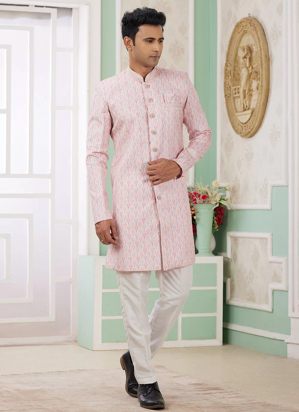 Raivat Ethnic Banarasi Jacquard Embroidery Indo Western Sherwani In Pink Colour | Grocsy