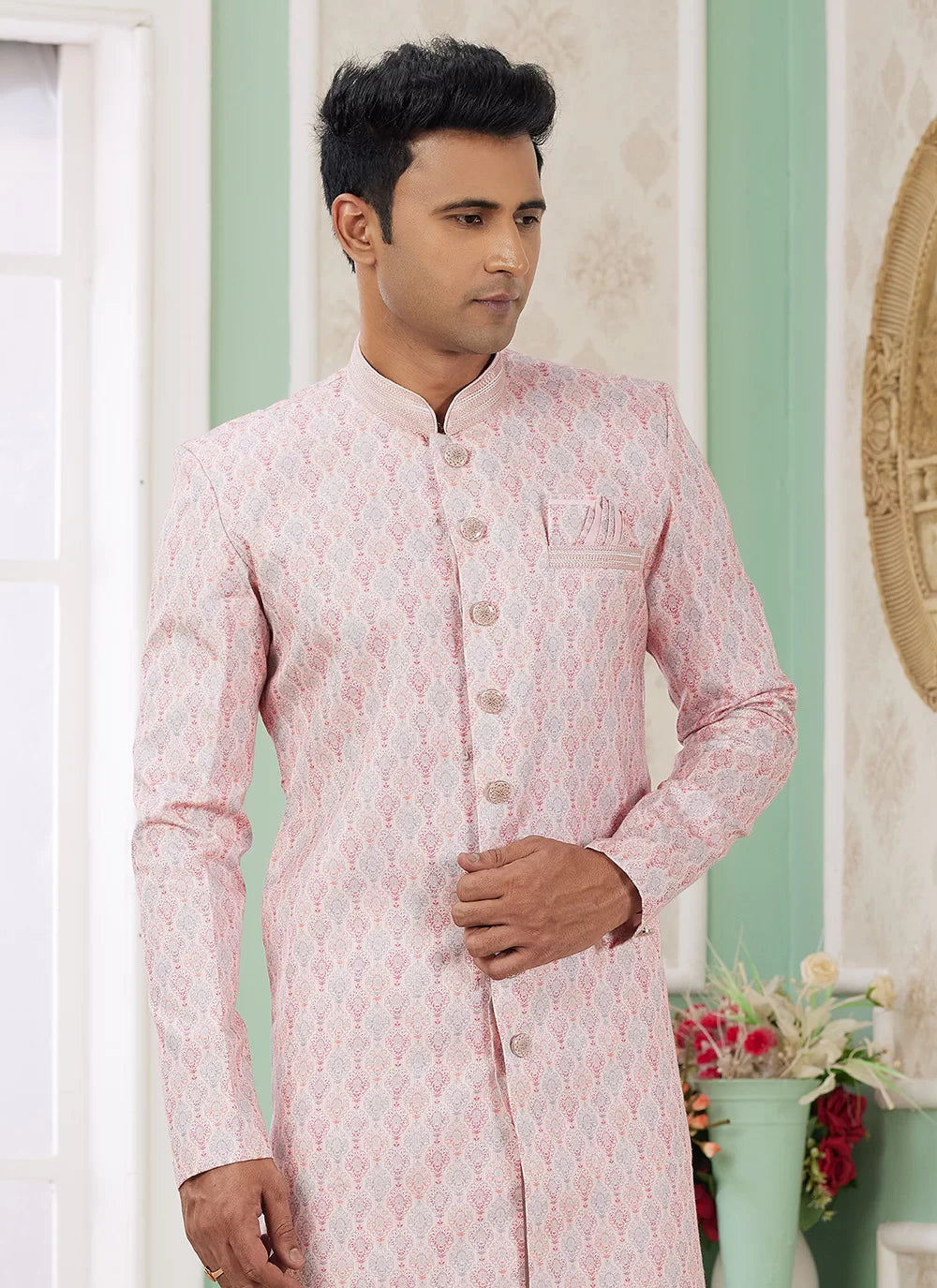 Raivat Ethnic Banarasi Jacquard Embroidery Indo Western Sherwani In Pink Colour | Grocsy