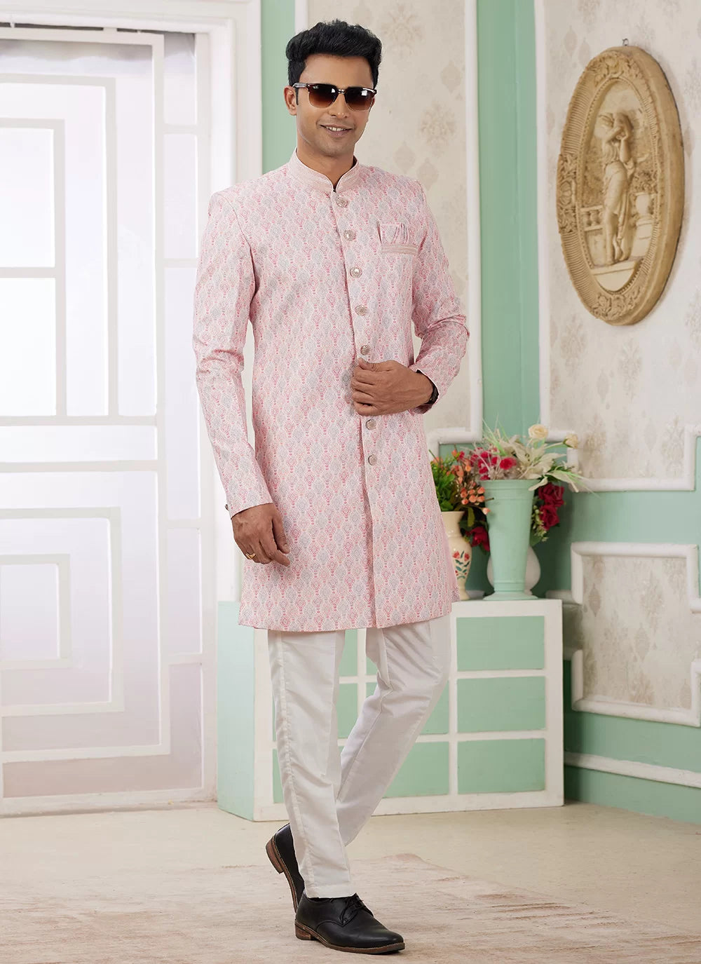 Raivat Ethnic Banarasi Jacquard Embroidery Indo Western Sherwani In Pink Colour | Grocsy