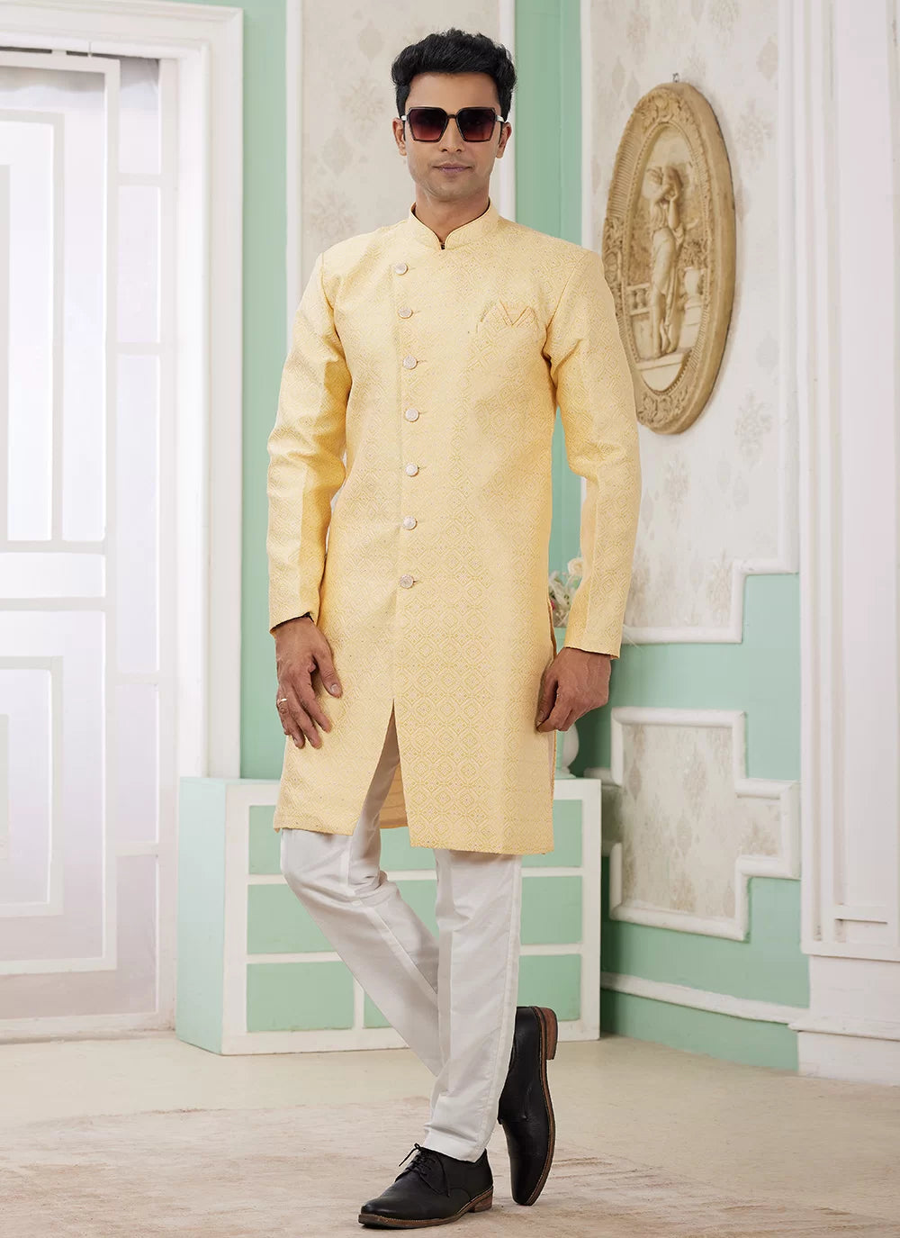 Raivat Ethnic Banarasi Jacquard Embroidery Indo Western Sherwani In Yellow Colour | Grocsy
