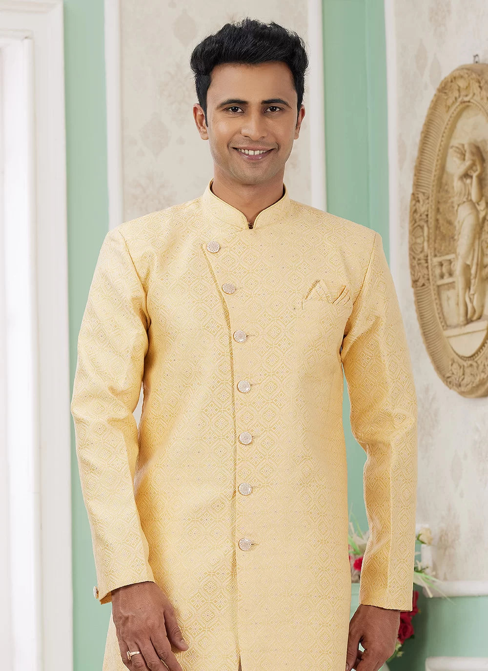 Raivat Ethnic Banarasi Jacquard Embroidery Indo Western Sherwani In Yellow Colour | Grocsy