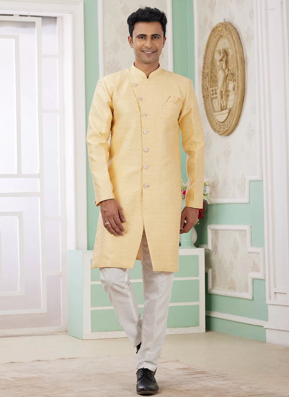 Raivat Ethnic Banarasi Jacquard Embroidery Indo Western Sherwani In Yellow Colour | Grocsy