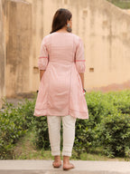 Juniper Women's Pink Floral Printed Cotton Dobby Flared Short Kurta With Pant With Thread Embroidery | Grocsy