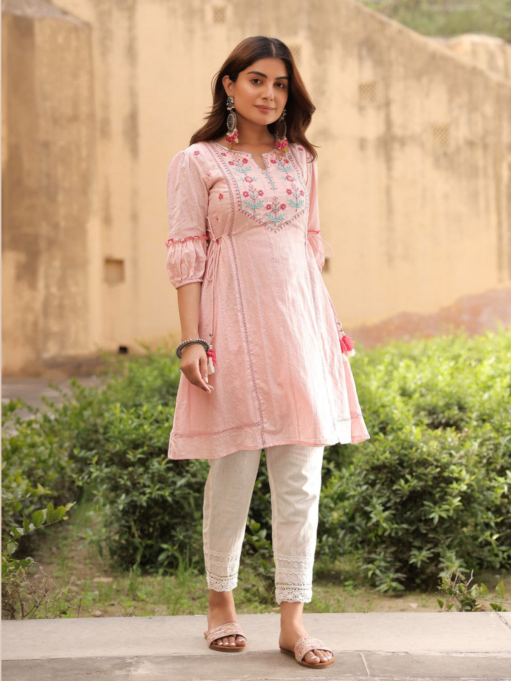 Juniper Women's Pink Floral Printed Cotton Dobby Flared Short Kurta With Pant With Thread Embroidery | Grocsy