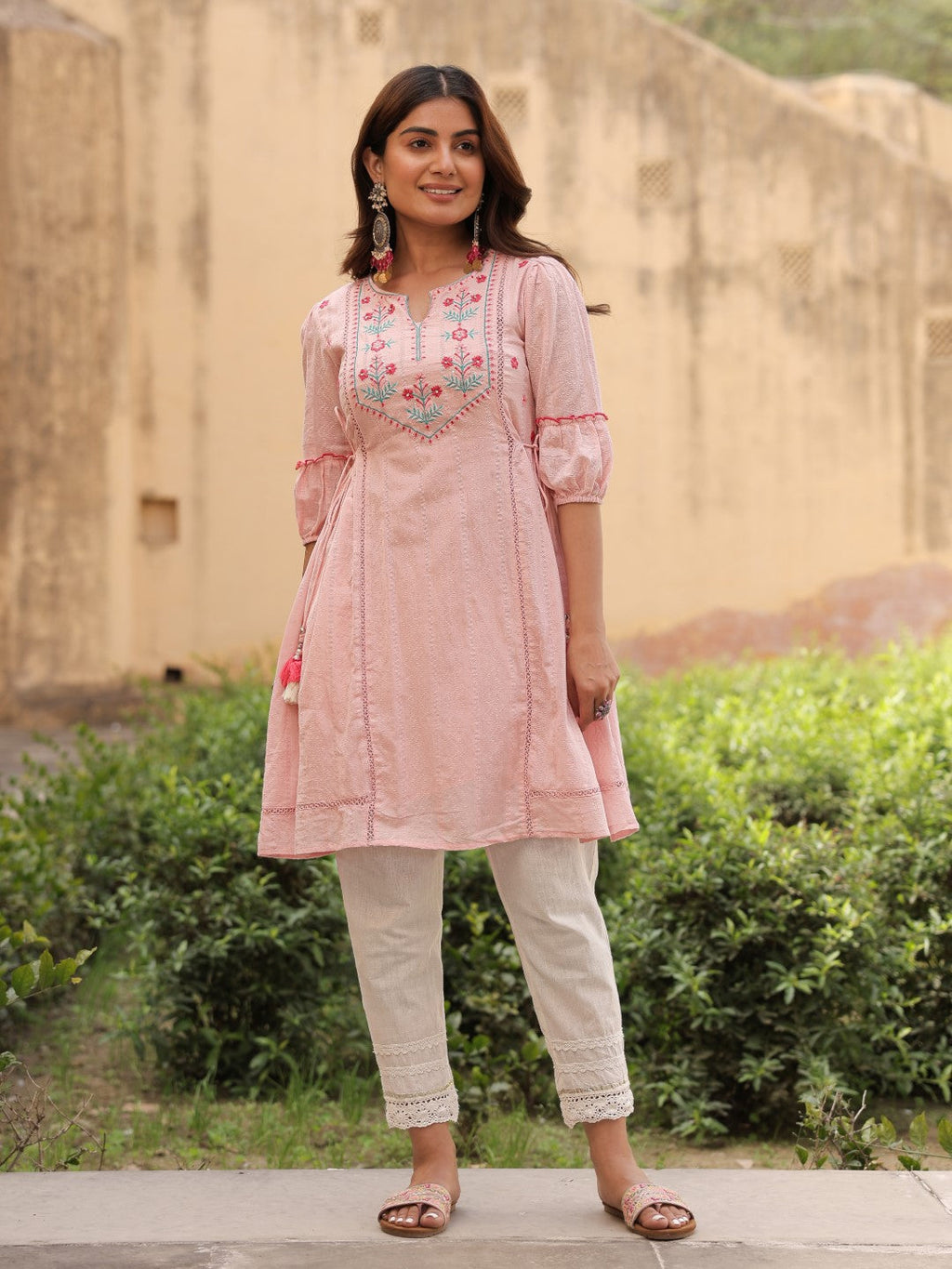 Juniper Women's Pink Floral Printed Cotton Dobby Flared Short Kurta With Pant With Thread Embroidery | Grocsy