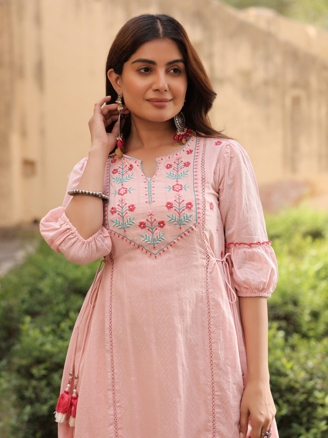 Juniper Women's Pink Floral Printed Cotton Dobby Flared Short Kurta With Pant With Thread Embroidery | Grocsy