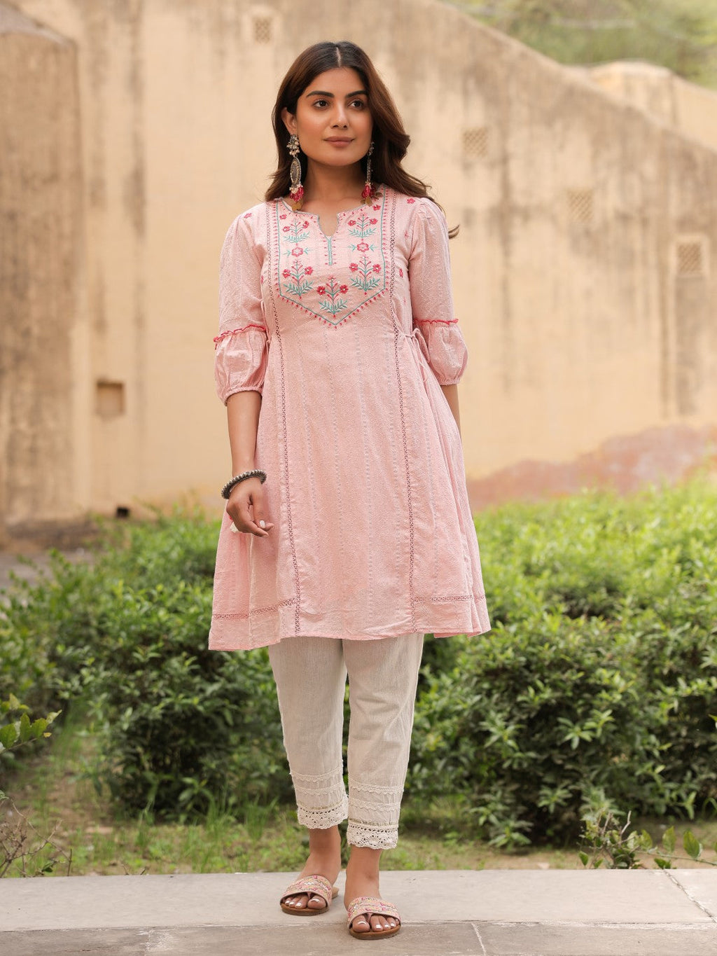 Juniper Women's Pink Floral Printed Cotton Dobby Flared Short Kurta With Pant With Thread Embroidery | Grocsy