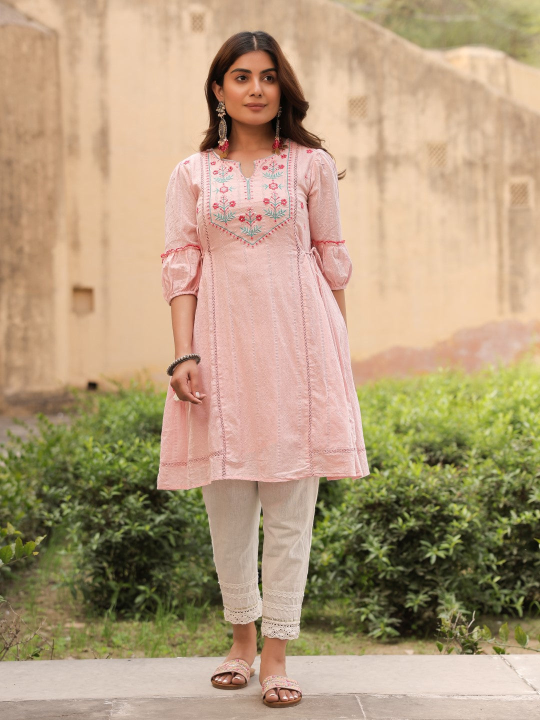 Juniper Women's Pink Floral Printed Cotton Dobby Flared Short Kurta With Pant With Thread Embroidery | Grocsy