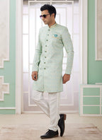 Raivat Ethnic Banarasi Jacquard Embroidery Indo Western Sherwani In Green Colour | Grocsy