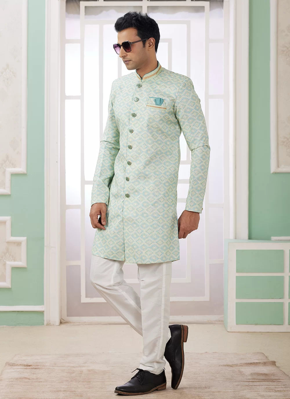 Raivat Ethnic Banarasi Jacquard Embroidery Indo Western Sherwani In Green Colour | Grocsy