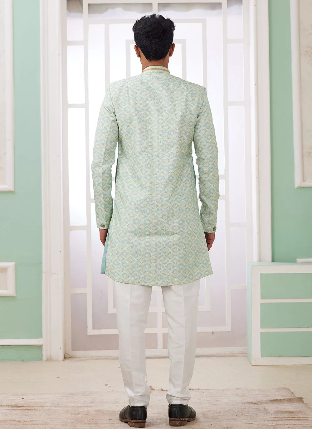 Raivat Ethnic Banarasi Jacquard Embroidery Indo Western Sherwani In Green Colour | Grocsy