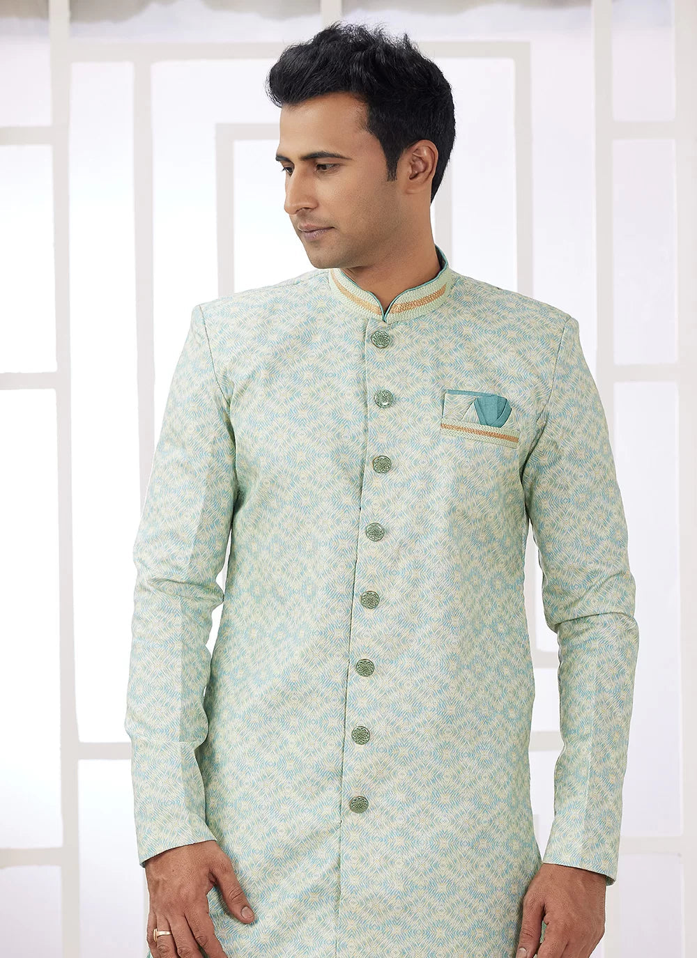 Raivat Ethnic Banarasi Jacquard Embroidery Indo Western Sherwani In Green Colour | Grocsy