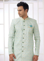 Raivat Ethnic Banarasi Jacquard Embroidery Indo Western Sherwani In Green Colour | Grocsy