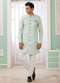 Raivat Ethnic Banarasi Jacquard Embroidery Indo Western Sherwani In Green Colour | Grocsy