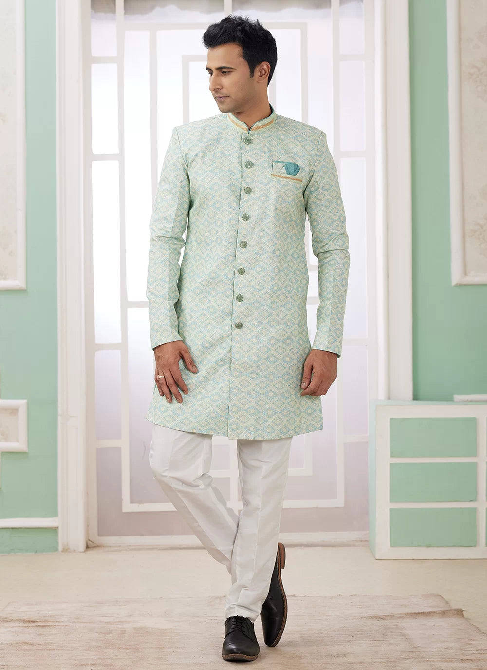 Raivat Ethnic Banarasi Jacquard Embroidery Indo Western Sherwani In Green Colour | Grocsy