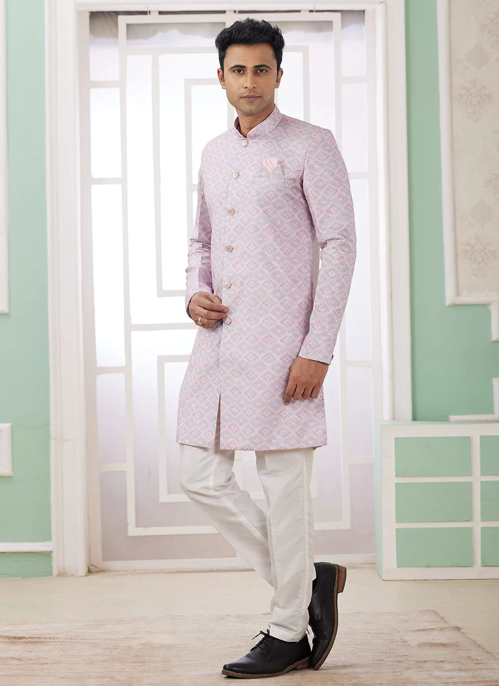Raivat Ethnic Banarasi Jacquard Embroidery Indo Western Sherwani In Pink Colour | Grocsy