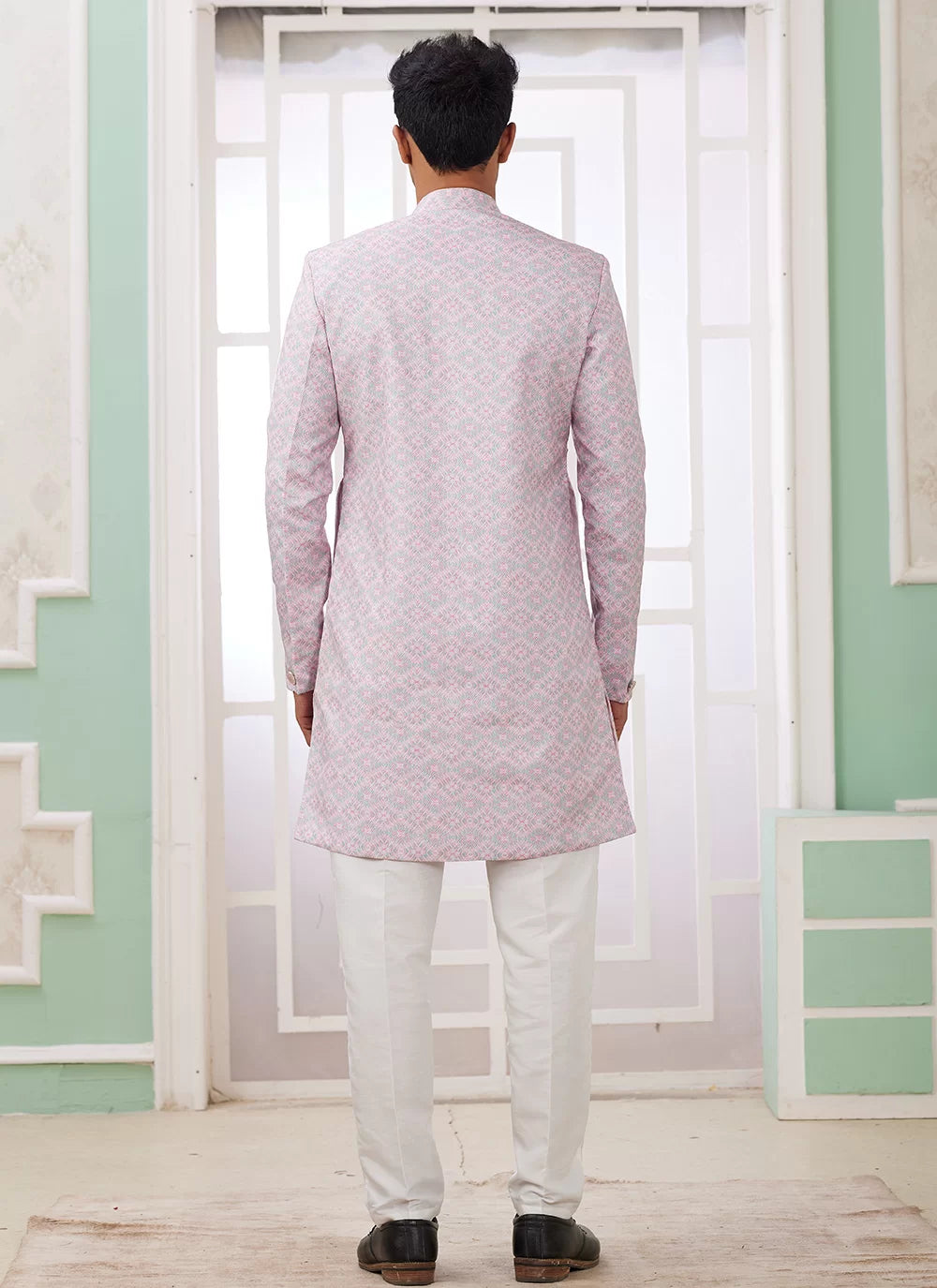 Raivat Ethnic Banarasi Jacquard Embroidery Indo Western Sherwani In Pink Colour | Grocsy