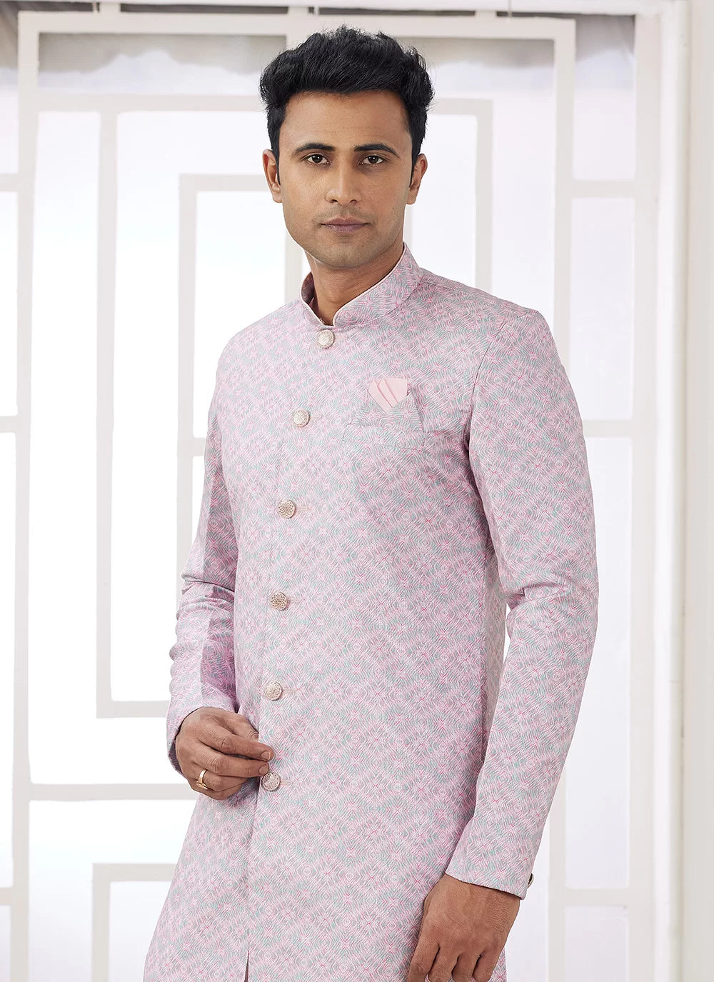 Raivat Ethnic Banarasi Jacquard Embroidery Indo Western Sherwani In Pink Colour | Grocsy