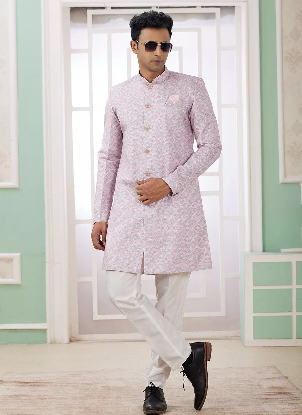 Raivat Ethnic Banarasi Jacquard Embroidery Indo Western Sherwani In Pink Colour | Grocsy