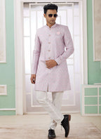 Raivat Ethnic Banarasi Jacquard Embroidery Indo Western Sherwani In Pink Colour | Grocsy