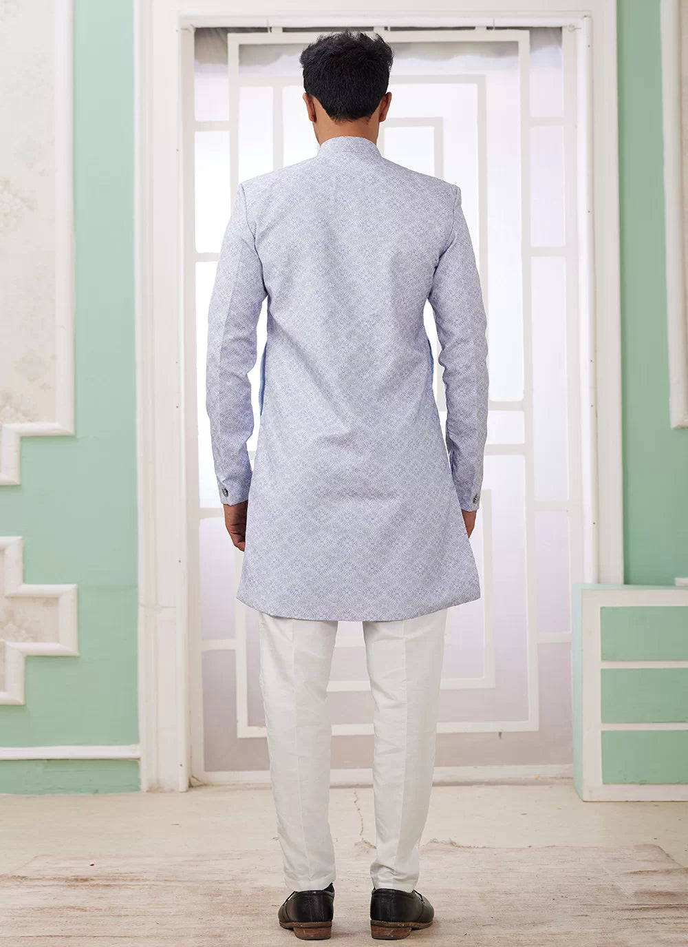 Raivat Ethnic Banarasi Jacquard Embroidery Indo Western Sherwani In Blue Colour | Grocsy