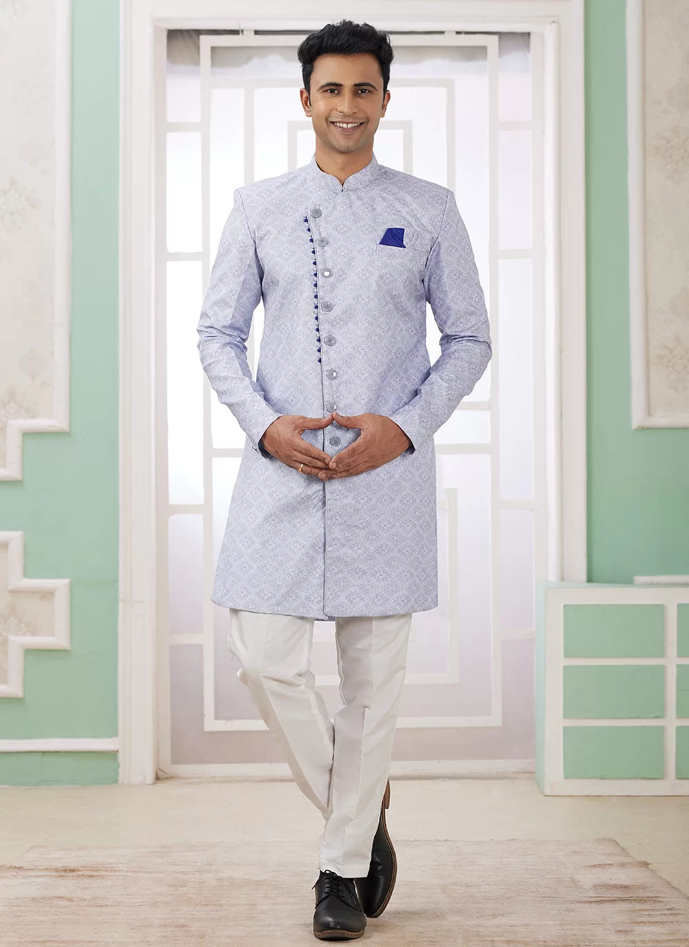 Raivat Ethnic Banarasi Jacquard Embroidery Indo Western Sherwani In Blue Colour | Grocsy