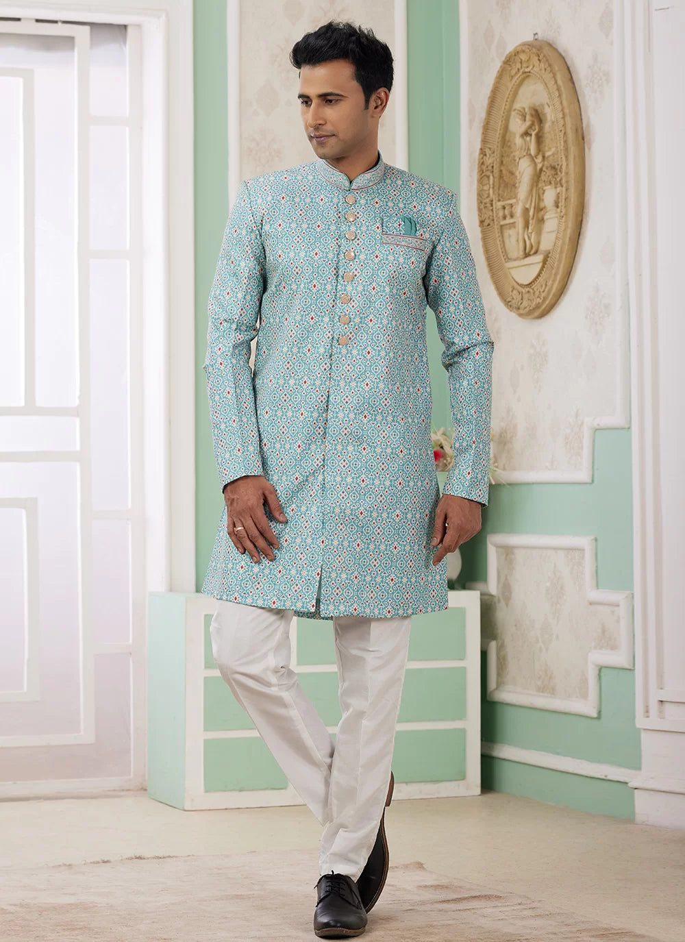 Raivat Ethnic Banarasi Jacquard Embroidery Indo Western Sherwani In Green Colour | Grocsy