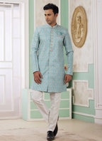 Raivat Ethnic Banarasi Jacquard Embroidery Indo Western Sherwani In Green Colour | Grocsy