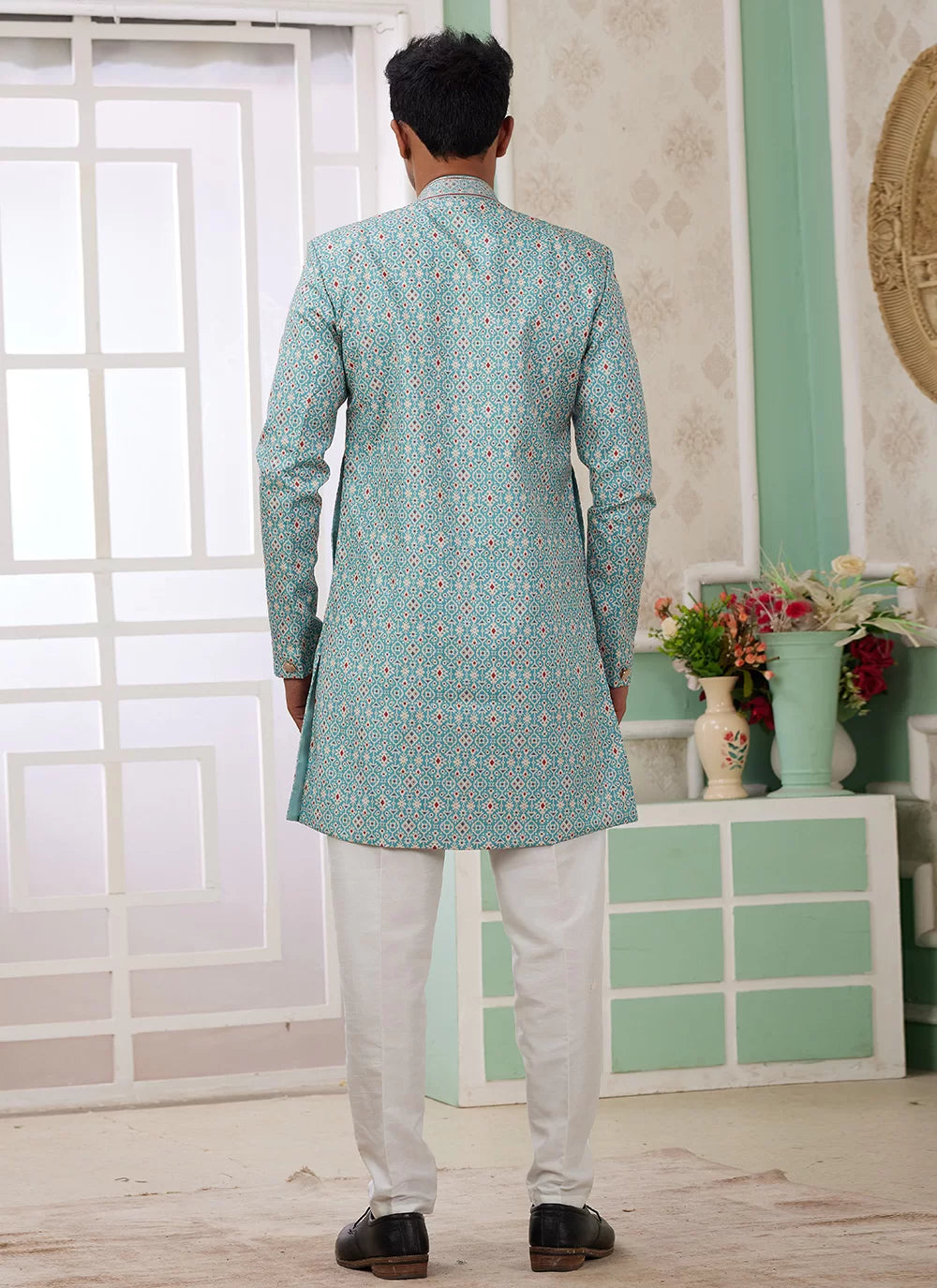Raivat Ethnic Banarasi Jacquard Embroidery Indo Western Sherwani In Green Colour | Grocsy